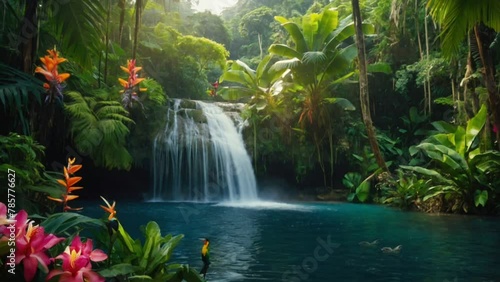 waterfall in the forest, seamless looping animation video background 