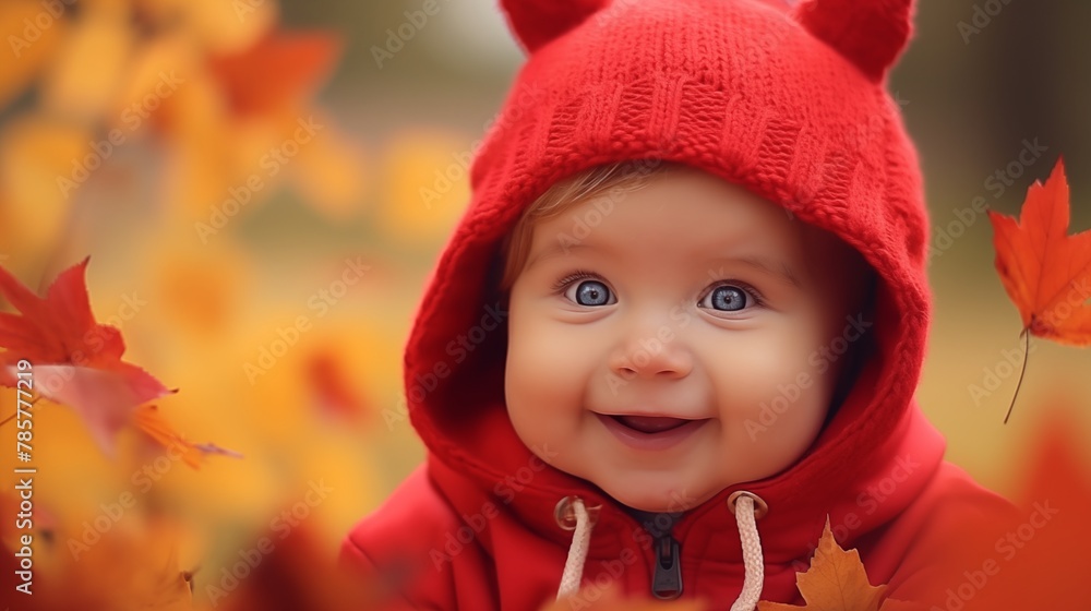 baby Smiling with a red hood on his head looking at camera full surrounded by dry autumn leaves in blurred background. baby Smiling with a red hood on his head looking at camera full surrounded by dry autumn leaves in blurred background.
