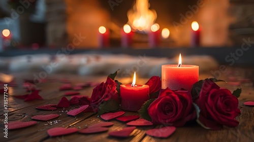 Candlelit Romance  Roses   Warmth for Valentine s. Concept Valentine s Day  Romantic Atmosphere  Candlelit Dinner  Flowers  Warmth