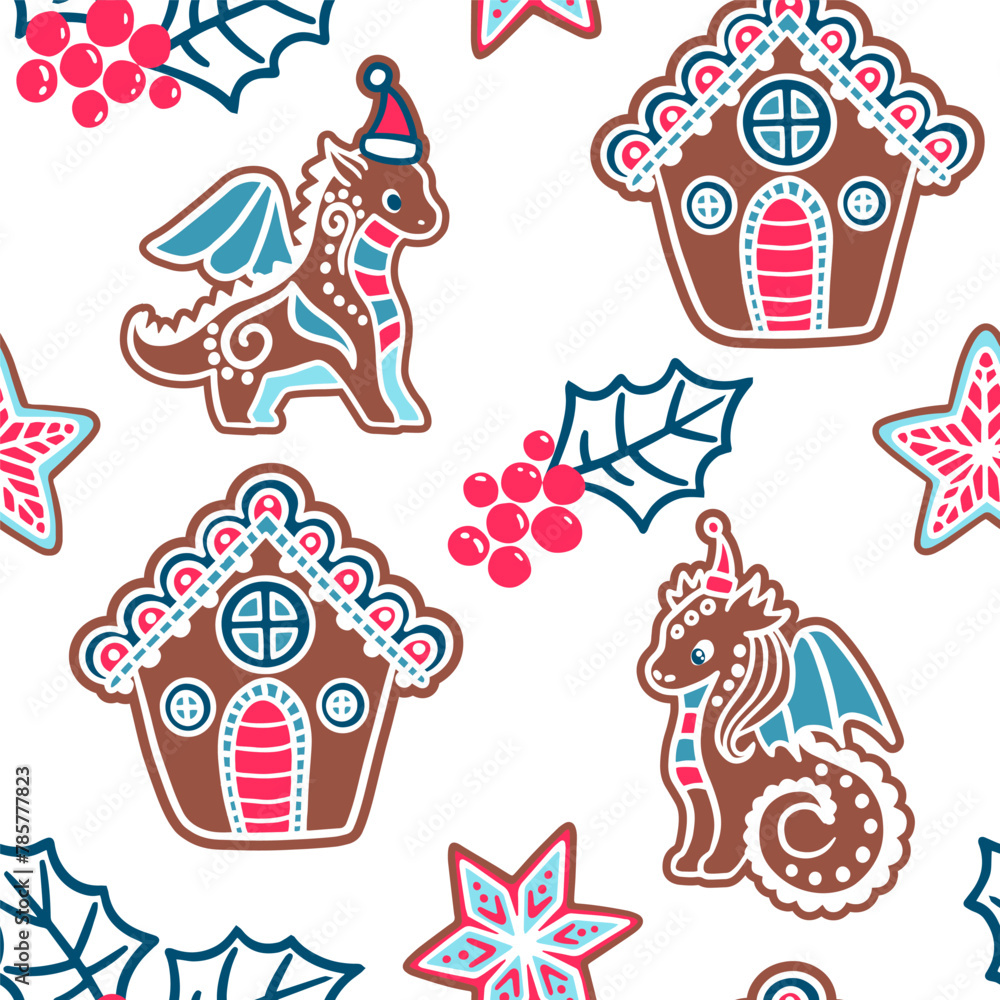 Happy new year and Merry Christmas pattern with  cartoon dragon, gingerbread house, tree. Design, wallpaper, textiles, packaging, seamless print