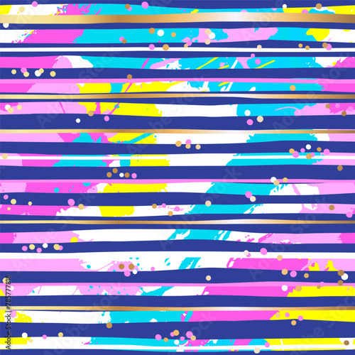 Vector geometric neon pattern with stripes, colorful spots on violet background. Abstract grunge seamless wallpaper