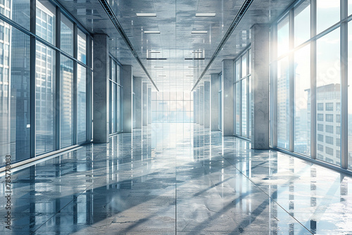 The interior of a bright glass office corridor features a concrete floor, a window overlooking the city, and reflections. 3D illustration.