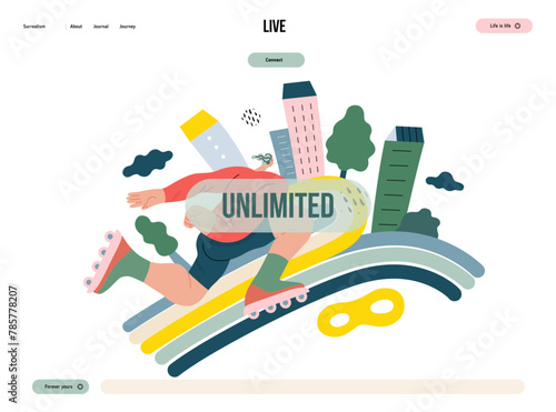 Life Unframed: Roller -modern flat vector concept illustration of a man rollerblading across rainbow. Metaphor of unpredictability, imagination, whimsy, cycle of existence, play, growth and discovery
