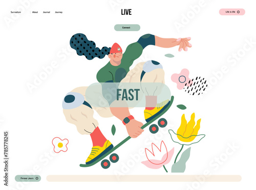 Life Unframed: Skateboarder -modern flat vector concept illustration of skater jumping above flowers. Metaphor of unpredictability, imagination, whimsy, cycle of existence, play, growth and discovery