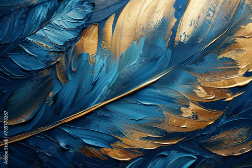 Vintage illustration with feathers, blue and gold brush strokes. texture background. Oil painting on canvas. wall art.