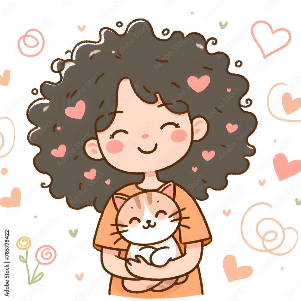 illustration of a girl happy with curly hair holding a cute cat illustration of a girl happy with curly hair holding a cute cat