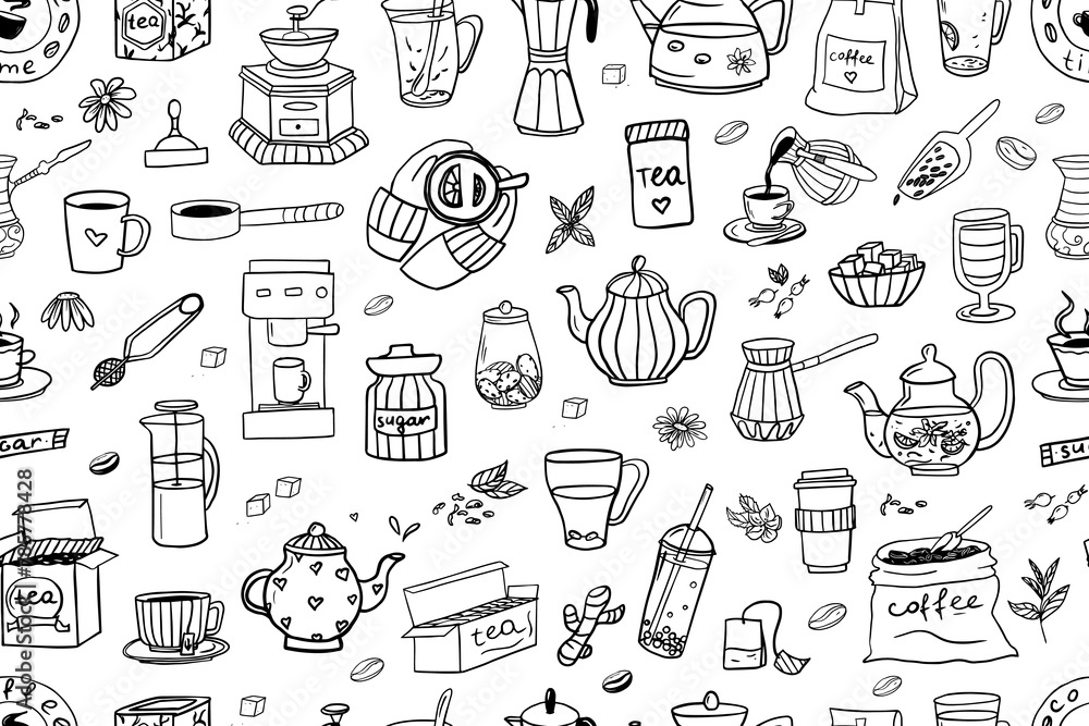 Fototapeta premium Seamless pattern of hand drawn coffee and tea theme elements in doodle style. Coffee time. Tea shop. Vector illustration EPS10. Isolated on white background