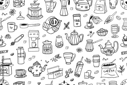 Seamless pattern of hand drawn coffee and tea theme elements in doodle style. Coffee time. Tea shop. Vector illustration EPS10. Isolated on white background photo