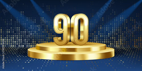90th Year anniversary celebration background. Golden 3D numbers on a golden round podium, with lights in background.