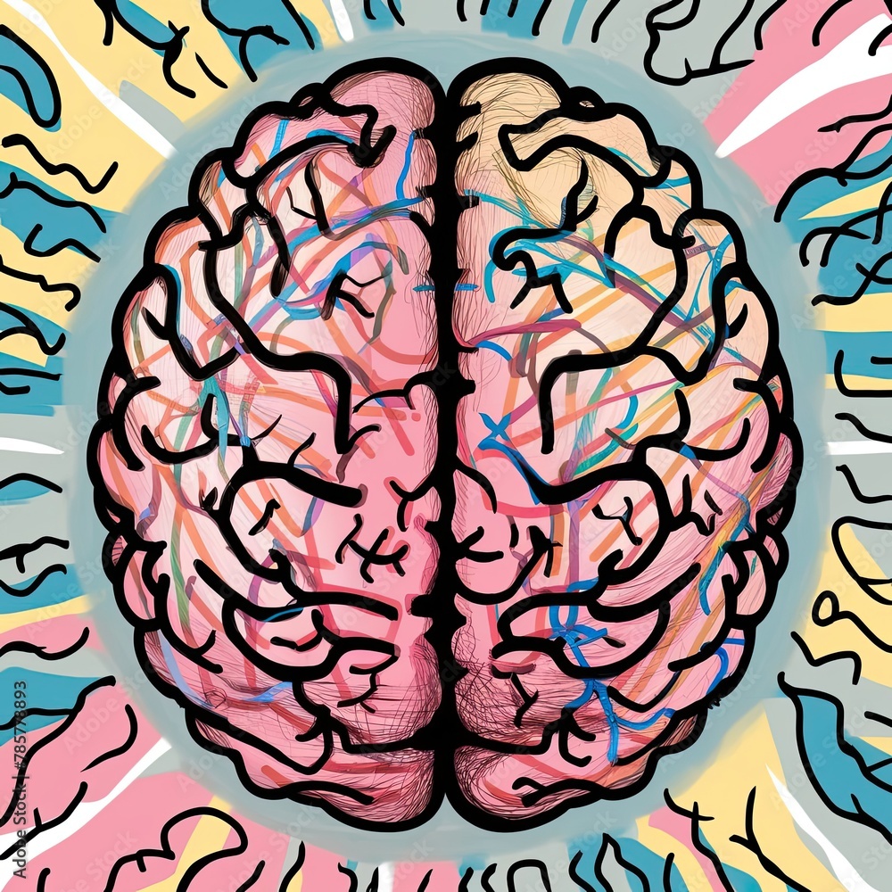 Obraz premium Cartoon drawing of a colourful brain close up so you can see the lines and veins. View from above