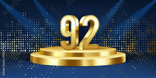 92nd Year anniversary celebration background. Golden 3D numbers on a golden round podium, with lights in background.

