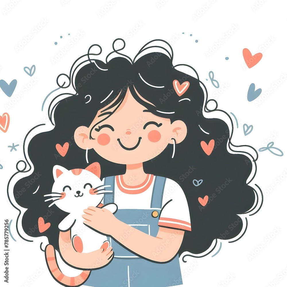 illustration of a girl happy with curly hair holding a cute cat illustration of a girl happy with curly hair holding a cute cat