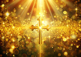 Beautiful gold bokeh background with a christian cross
