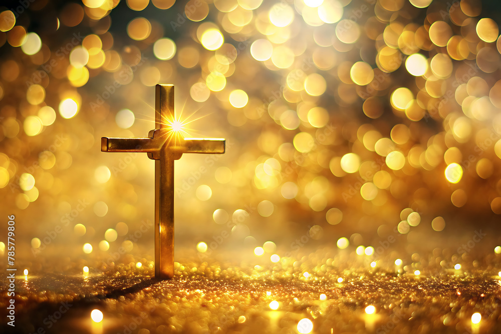 Beautiful gold bokeh background with a christian cross
Beautiful gold bokeh background with a christian cross