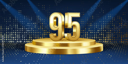 95th Year anniversary celebration background. Golden 3D numbers on a golden round podium, with lights in background. photo