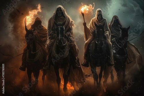Harbingers of doom: 4 horsemen of the apocalypse - ominous imagery and symbolic significance of legendary riders ushering in end times. representing conquest, war, famine, death in apocalyptic lore.
