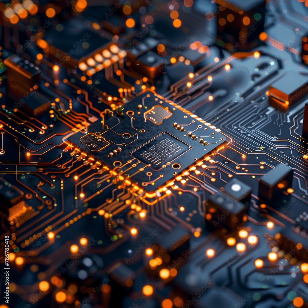 Abstract technology background of a computer system with processor and electronic circuit. Artificial neurons, data connections, quantum computing. Abstract technology background of a computer system with processor and electronic circuit. Artificial neurons, data connections, quantum computing.