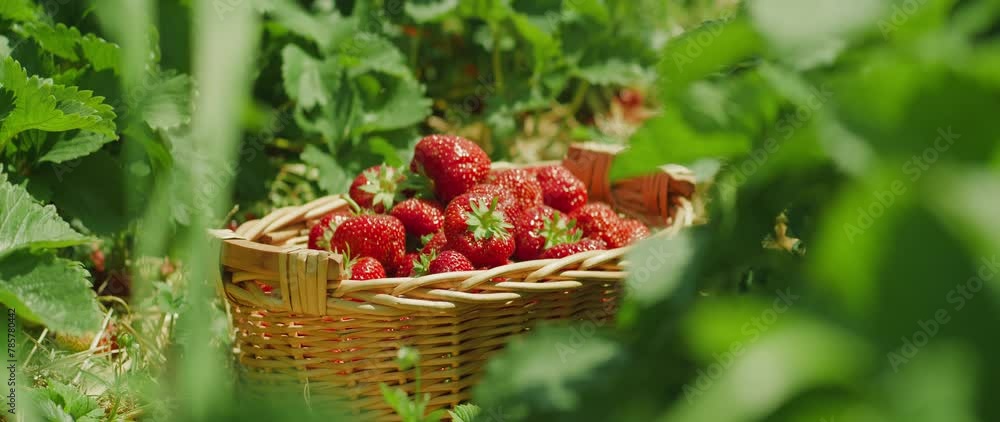 Woven basket overflowing with strawberries in the sunlight. Rustic box with red berries among verdant plants on a bright day. Woven basket overflowing with strawberries in the sunlight. Rustic box with red berries among verdant plants on a bright day.