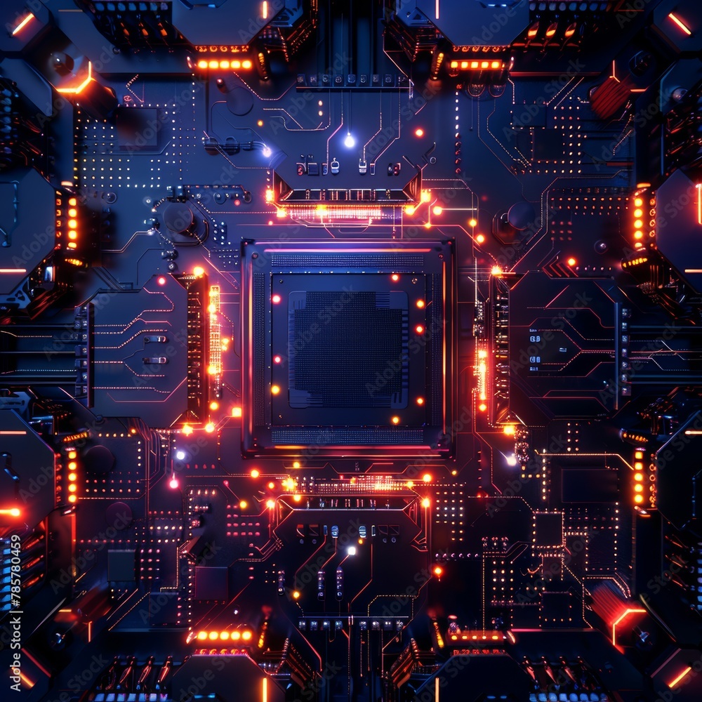Abstract technology background of a computer system with processor and electronic circuit. Artificial neurons, data connections, quantum computing.