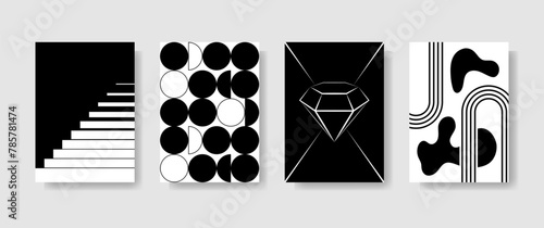 Abstract vector black and white posters with lines and spots. Set of simple colorless banners on gray background