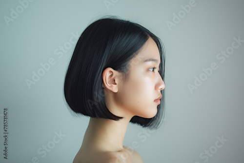 Profile view of a serene Asian woman with short black hair