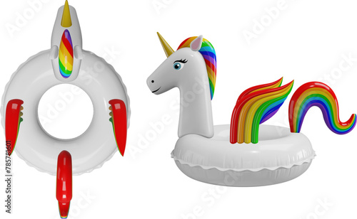unicorn swimming ring 3d illustration. infaltable unicorn realistic illustration top and side view	