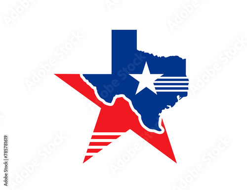 Texas state symbol, map icon, features star shape with territory border outline in red and blue colors. Isolated vector silhouette of Texas symbolizing unity and the independent spirit of usa state