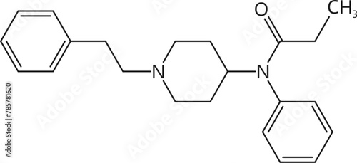 Fentanyl molecule, organic or synthetic drug structure formula. Illegal narcotic biochemical model, addictive substance biomolecule compound or Fentanyl drug chemical vector formula