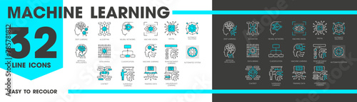 Machine learning line icons, AI artificial intelligence algorithm, science, smart digital future technologies. Vector outline AI robot and human heads, brains, computer circuit board and chip symbols