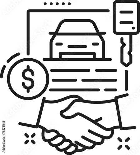 Car company, auto dealer, dealership thin line icon. Car buy center, automobile sale distributor or vehicle lease shop outline vector symbol. Official dealership pictogram with purchase handshake