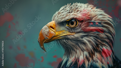 Close-up of a eagle s head showcasing its piercing eyes and sharp beak with fine details in the feathers. Patriotic tattoos featuring eagles and flags in a vibrant.