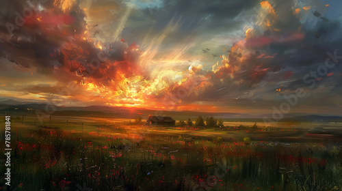 A digital painting of a breathtaking sunset, casting vibrant hues over a tranquil rural scene with a lone farmhouse.