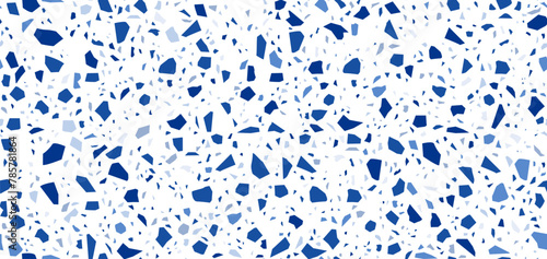 Dark and light blue terrazzo ceramic tile pattern. Terazzo marble stone floor texture, terazo mosaic background. Vector seamless pattern of italian terrazzo white stone tile with blue rock pieces