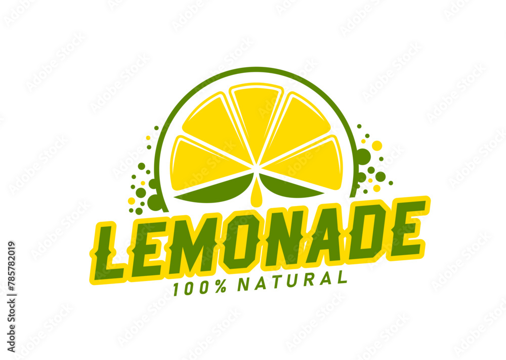 Lemonade drink icon, lemon fruit slice with juice splashes vector label. Lemon or lime citrus fruit with green leaves and juicy yellow drops sign of natural lemonade, juice and citrus flavored soda Lemonade drink icon, lemon fruit slice with juice splashes vector label. Lemon or lime citrus fruit with green leaves and juicy yellow drops sign of natural lemonade, juice and citrus flavored soda