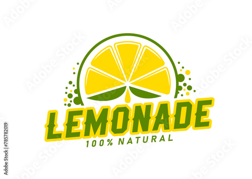 Lemonade drink icon, lemon fruit slice with juice splashes vector label. Lemon or lime citrus fruit with green leaves and juicy yellow drops sign of natural lemonade, juice and citrus flavored soda