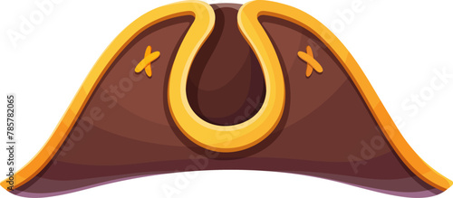 Pirate and corsair captain tricorn hat. Cartoon carnival costume hat. Isolated vector filibuster cocked cap with curved brim. Party headwear accentuating the rover swashbuckling charm on the high seas