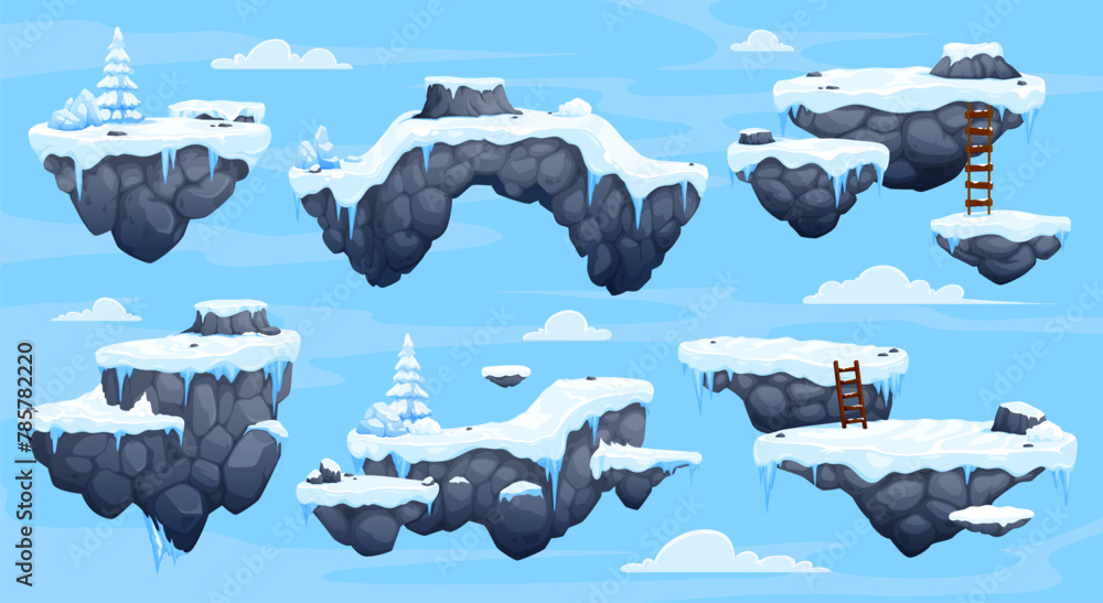 Obraz premium Arcade game platforms with ice and snow, winter level game asset. Vector floating ui rocky islands with snow, spruce trees and stairs. Location map interface for mobile game fantasy arctic environment