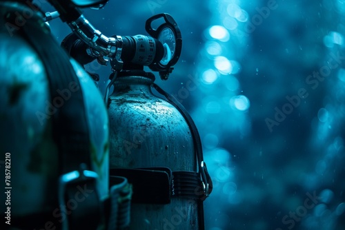 Close up of oxygen cylinders under the water