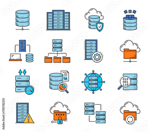 Color database network server and cloud storage icons, internet technology vector line symbols. Data backup storage icons, transfer, encryption and server secure access protection by password
