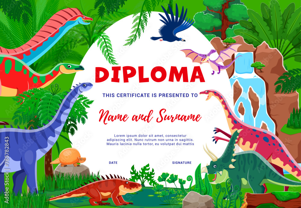 Fototapeta premium Kids diploma with cartoon dinosaur characters, vector education certificate template. Funny dino reptiles in Jurassic forest, T-rex dinosaur and pterodactyl for kindergarten diploma certificate award