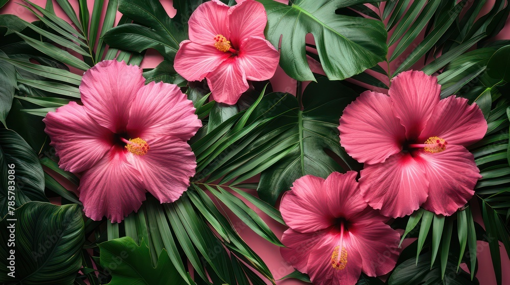 tropical leaf background with green and pink color decoration tropical leaf background with green and pink color decoration