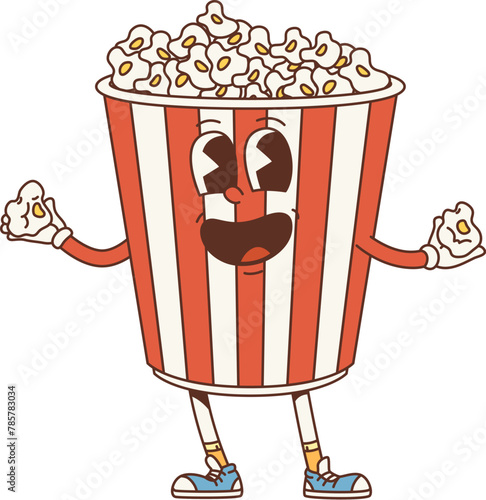 Cartoon retro movie popcorn bucket groovy character. Isolated vector cheerful pop corn personage with a vibrant red and white stripes, playful smile and happy eyes, ready for a nostalgic movie night