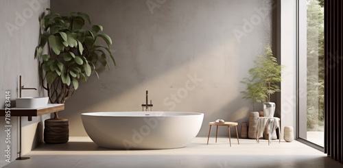 View of minimal bathroom interior design with white ceramic bathtub  wood counter and white sink  and wood stool decorated with many indoor plants near big windows. Generative AI.