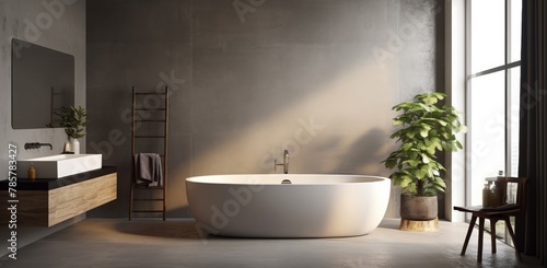 View of minimal bathroom interior design with white ceramic bathtub, wood counter and white sink, and wood stool decorated with many indoor plants near big windows. Generative AI.