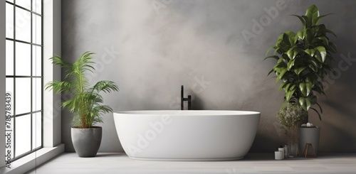 View of minimal bathroom interior design with white ceramic bathtub  wood counter and white sink  and wood stool decorated with many indoor plants near big windows. Generative AI.