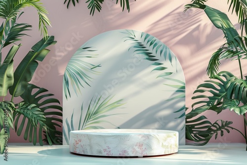 White and Pink Wall With Palm Leaves