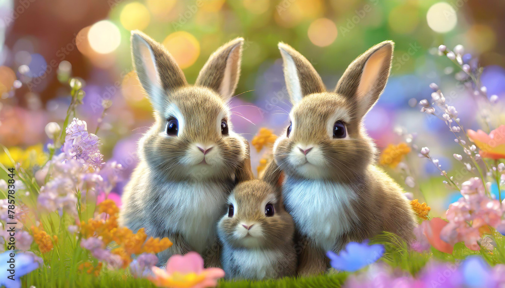 花畑の親子うさぎ