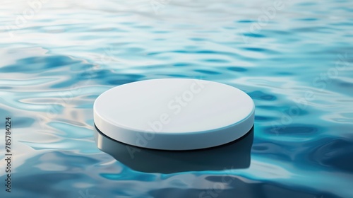 White round pedestal on a blue water surface with a ripple effect  ideal for cosmetic product display