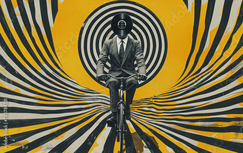 
A vibrant pop art scene: a man in a sharp suit energetically rides a bicycle, creating a surreal and dynamic composition.