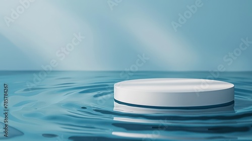 Cosmetic product display is ideal on a blue water surface with a ripple effect  featuring a white round pedestal. 